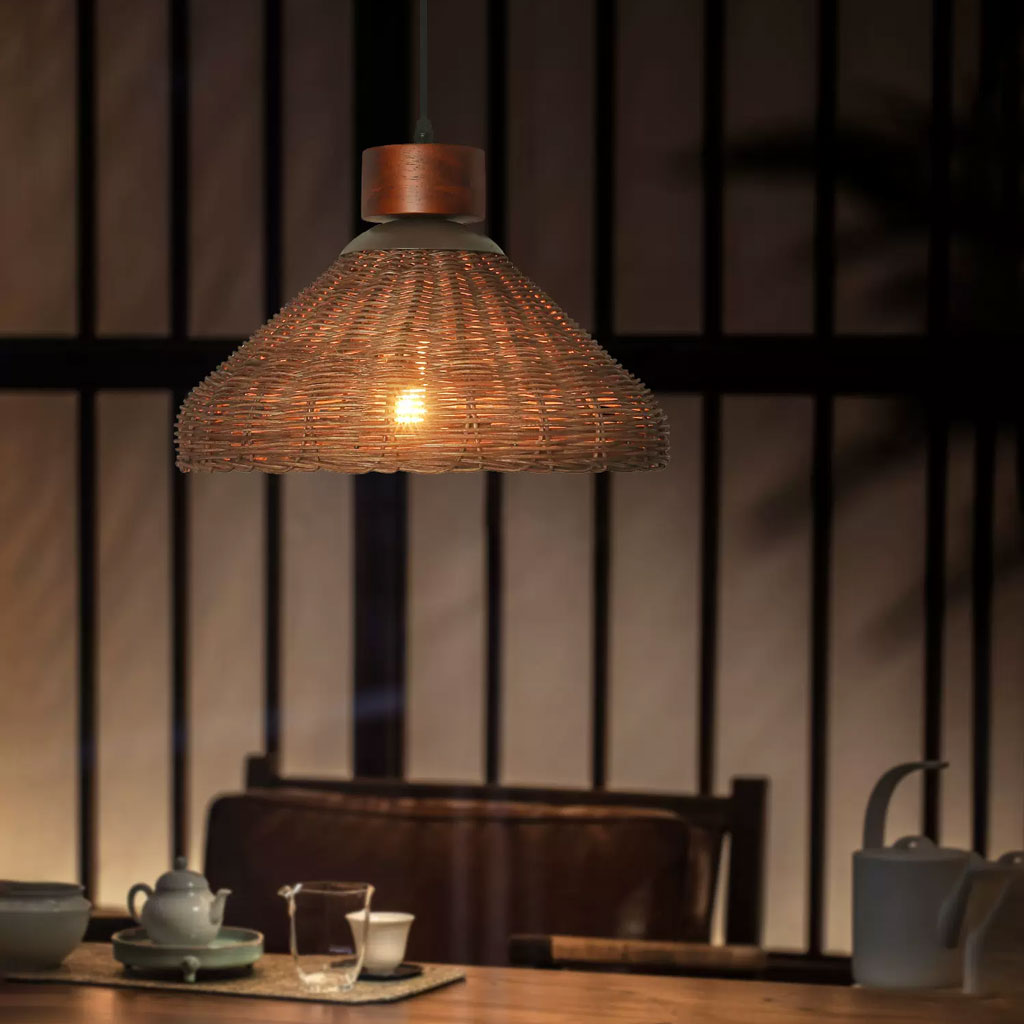 Hakka Conical Dark Brown Rattan Pendant Light - Small Basket Weave