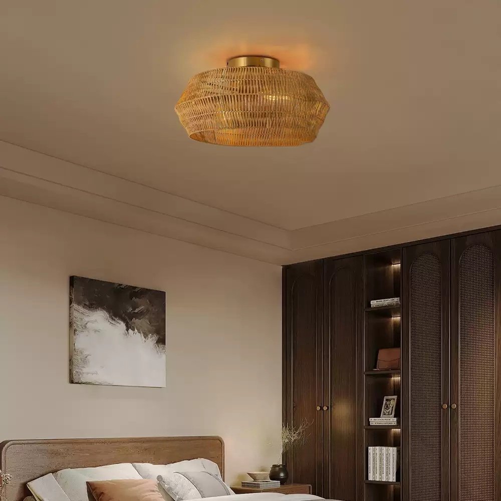 Rennnsan Boho Rattan Wicker Drum Light - Semi Flush Mount