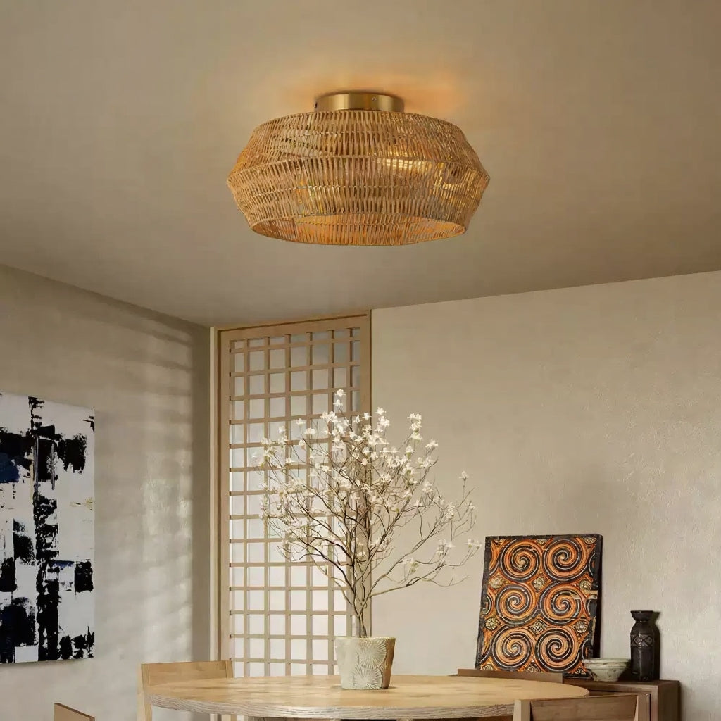 Rennnsan Boho Rattan Wicker Drum Light - Semi Flush Mount