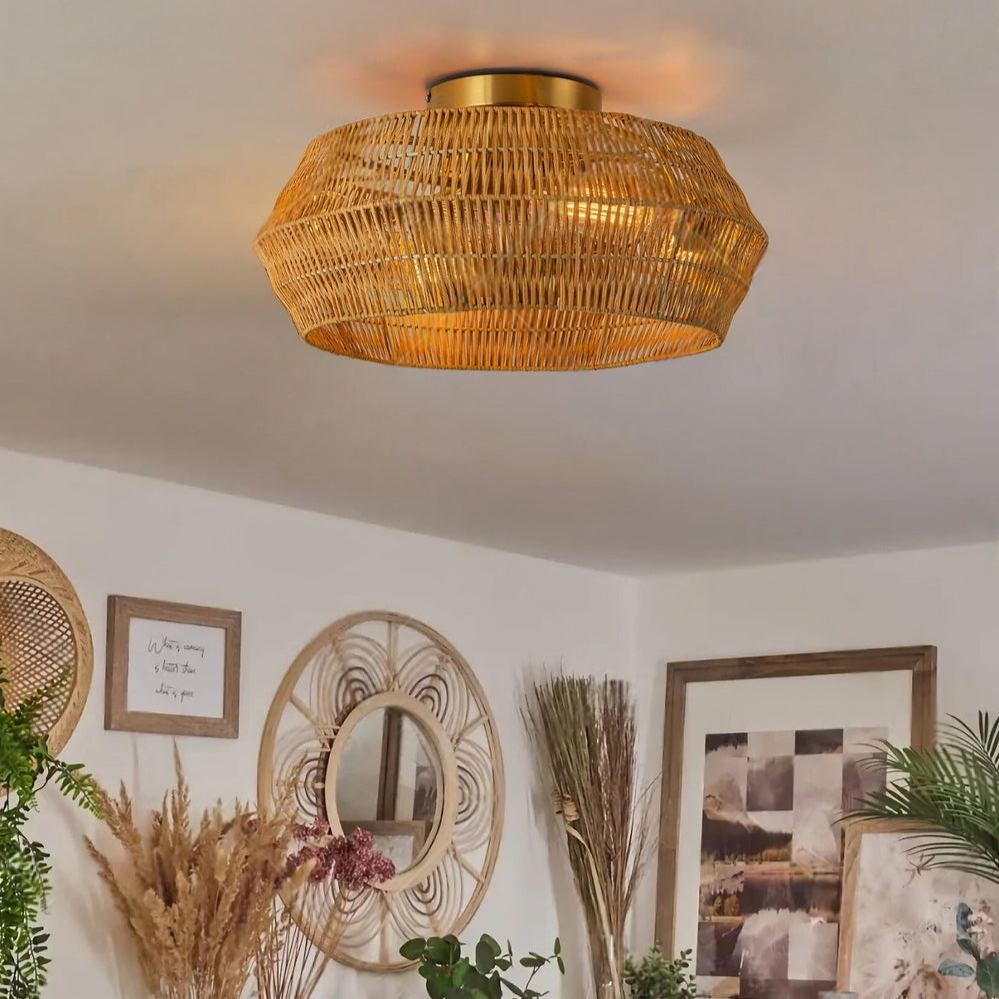 Rennnsan Boho Rattan Wicker Drum Light - Semi Flush Mount