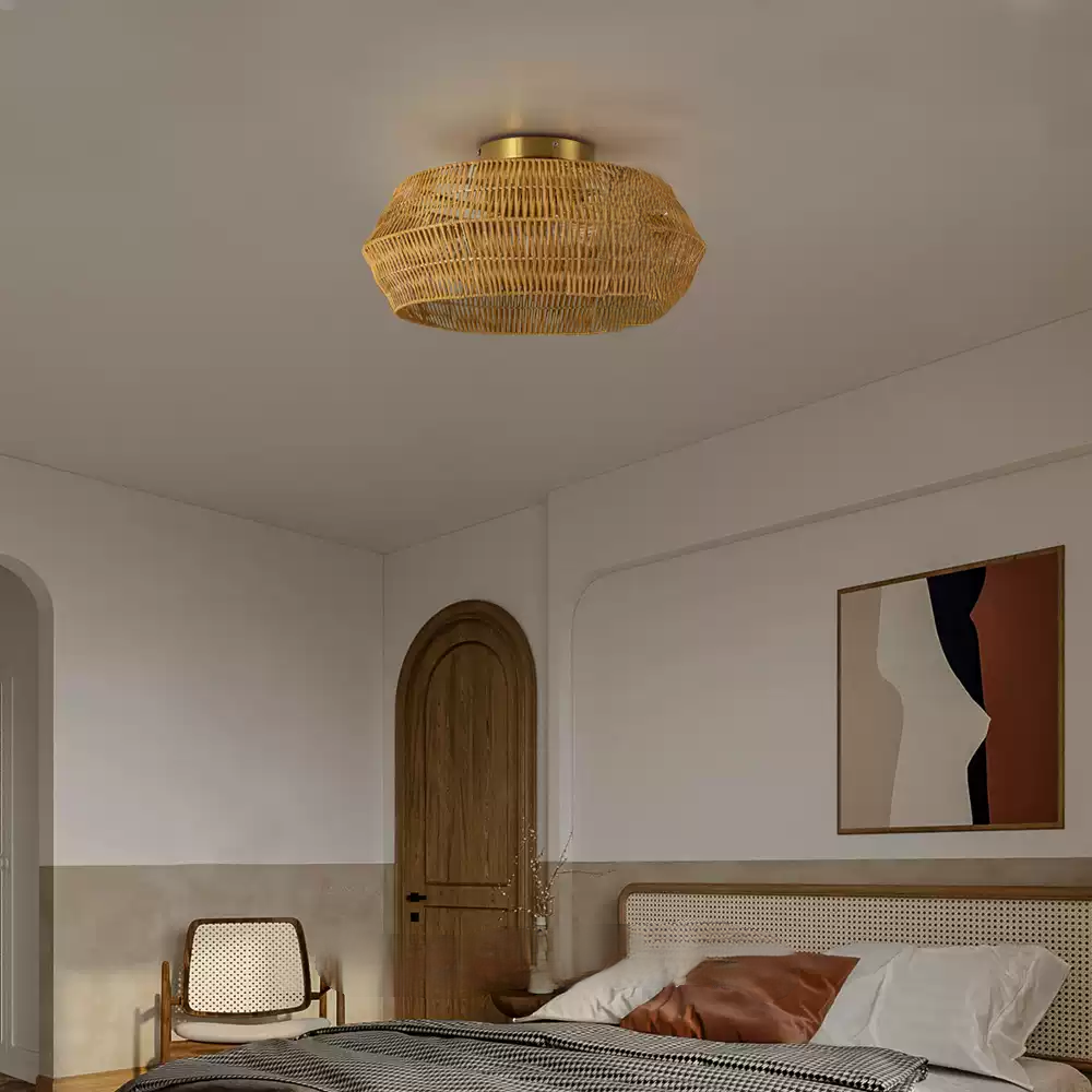 Rennnsan Boho Rattan Wicker Drum Light - Semi Flush Mount