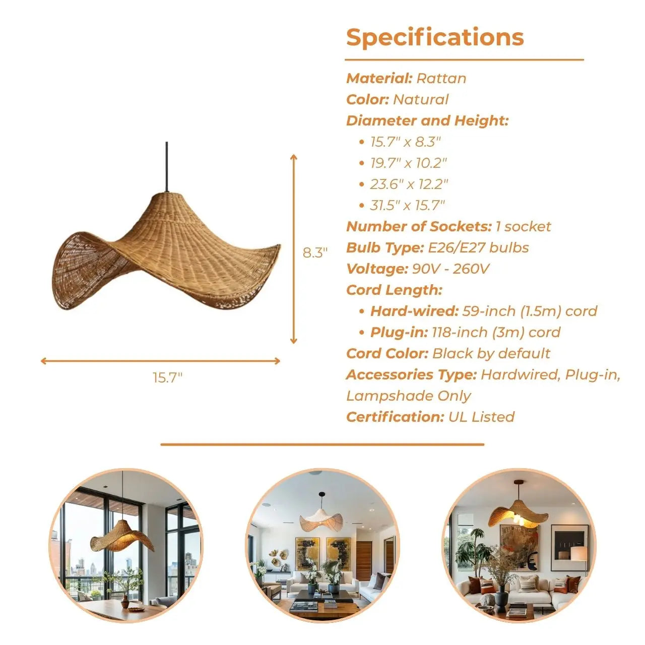 3-Light Selma Rattan Pendant Light