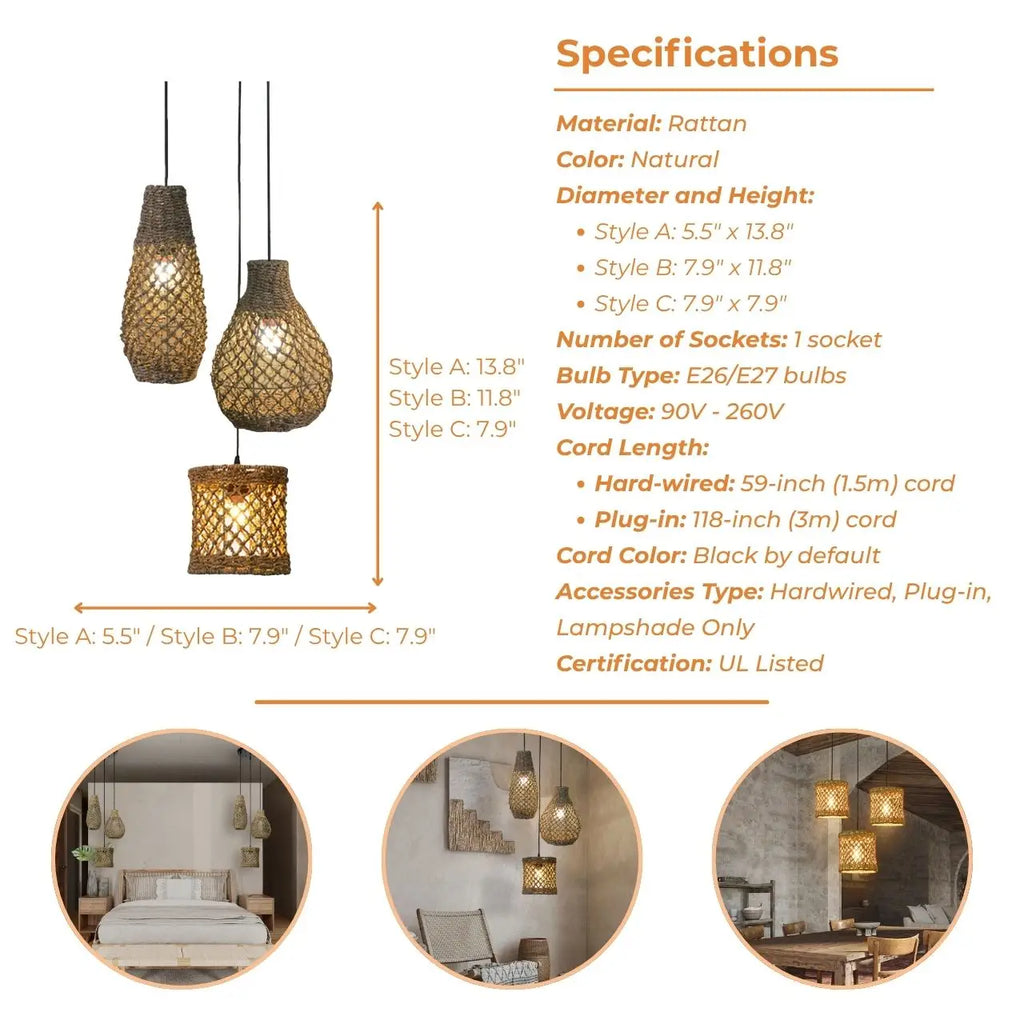 Shaun Small Basket Wicker Woven Pendant Light