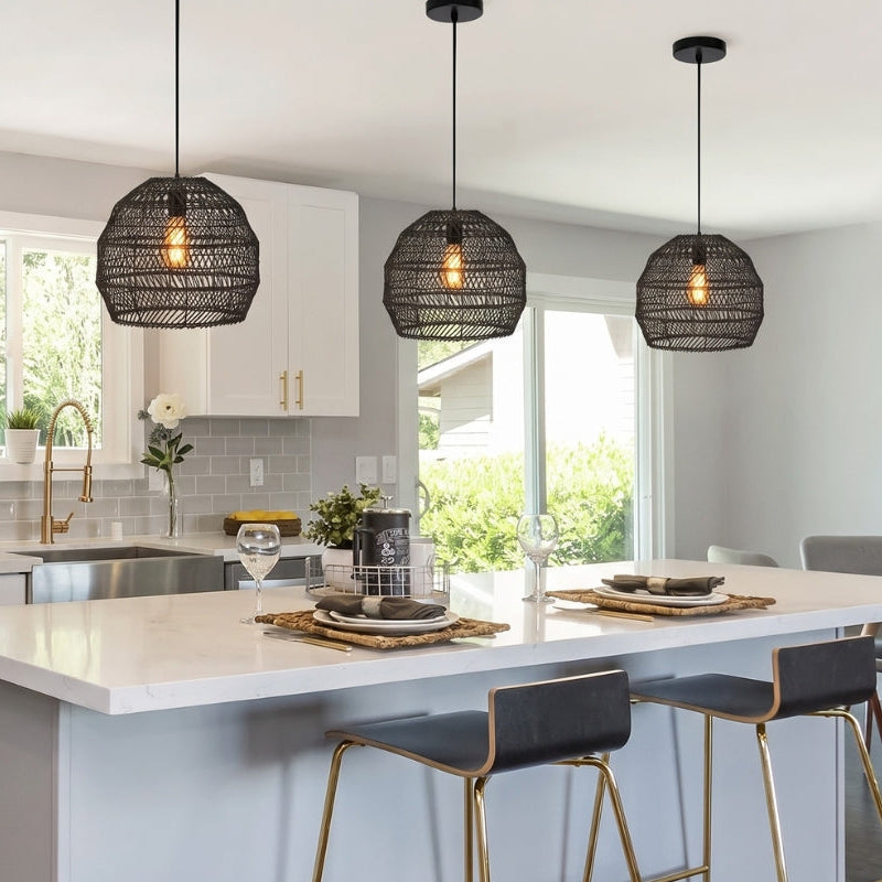WalmHomie Black Wicker Rattan Pendant Light