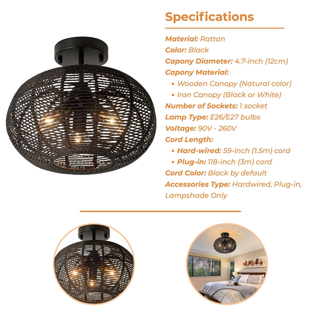 Cashmere Black Round Rattan Light Fixture - Flush Mount