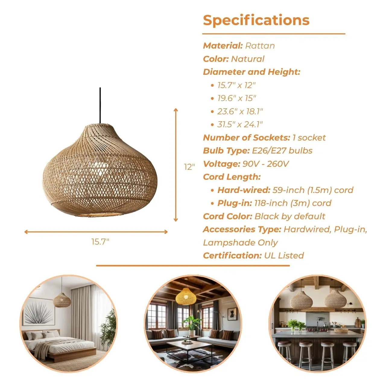 Karjearl Rattan Pendant Light 16 Inch