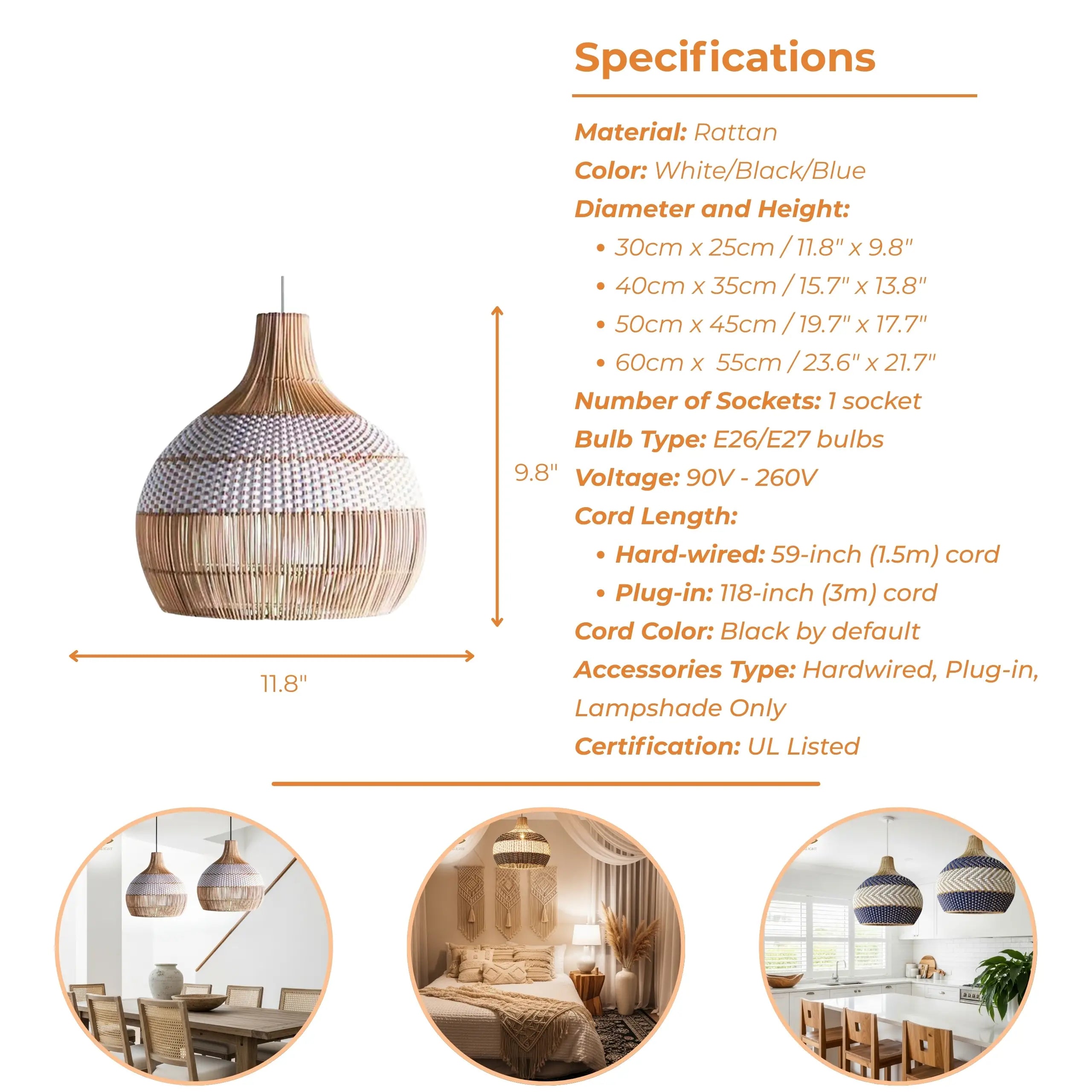 Beatrice Boho White Dome Basket Rattan Pendant Light