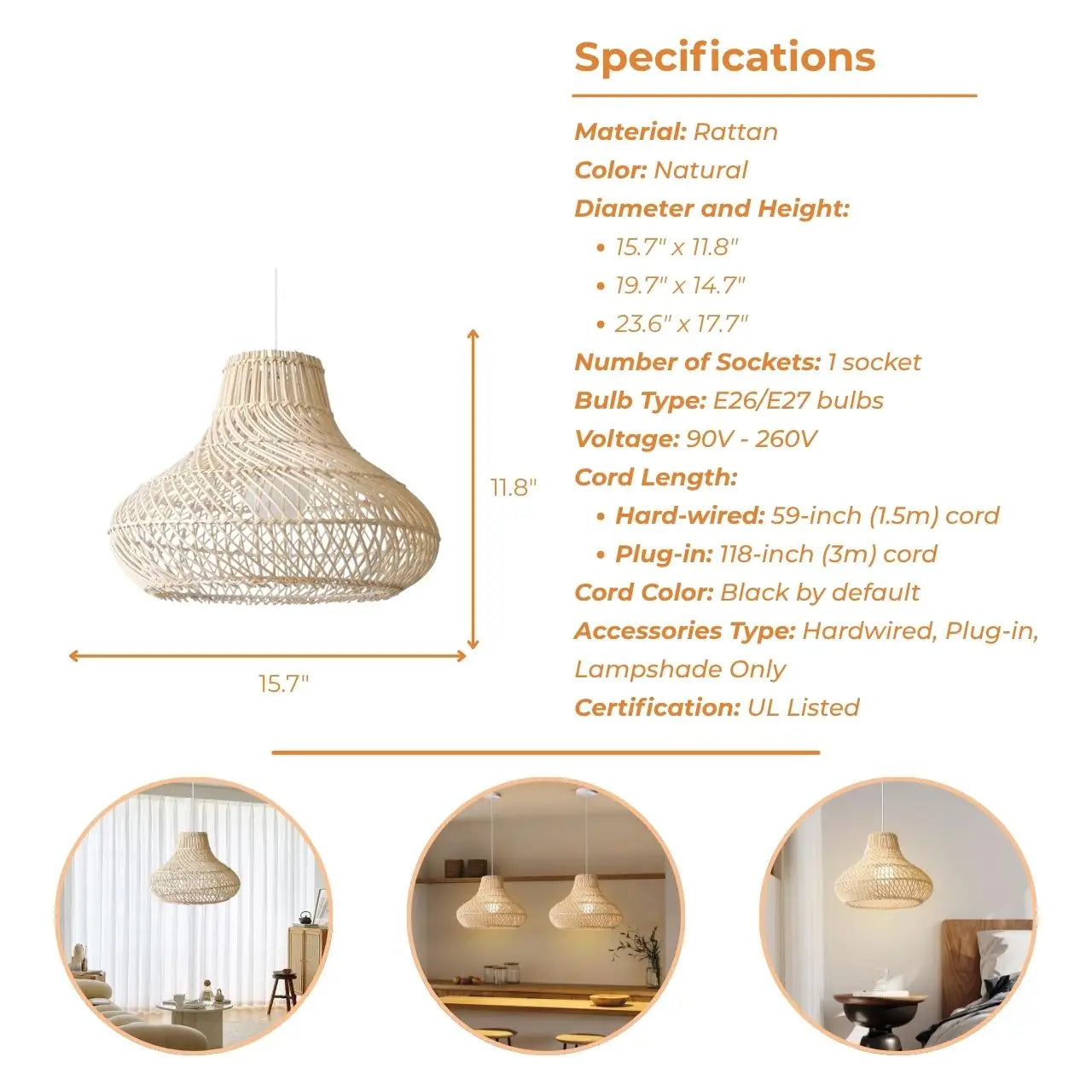 Dakota Natural Rattan Dome Pendant Light