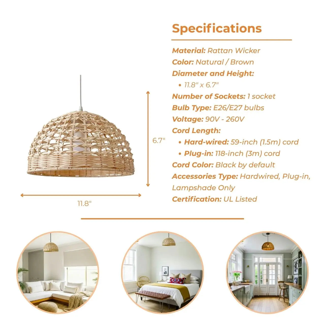 Eauso Coastal Small Rattan Wicker Pendant Light Kitchen Island