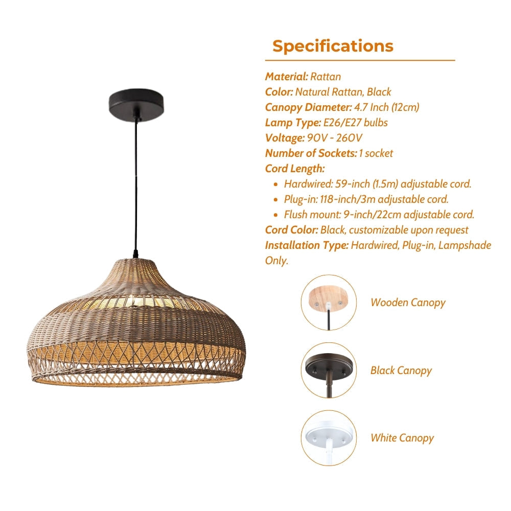 Moijabana Black Woven Wicker Rattan Dome Basket Pendant Light