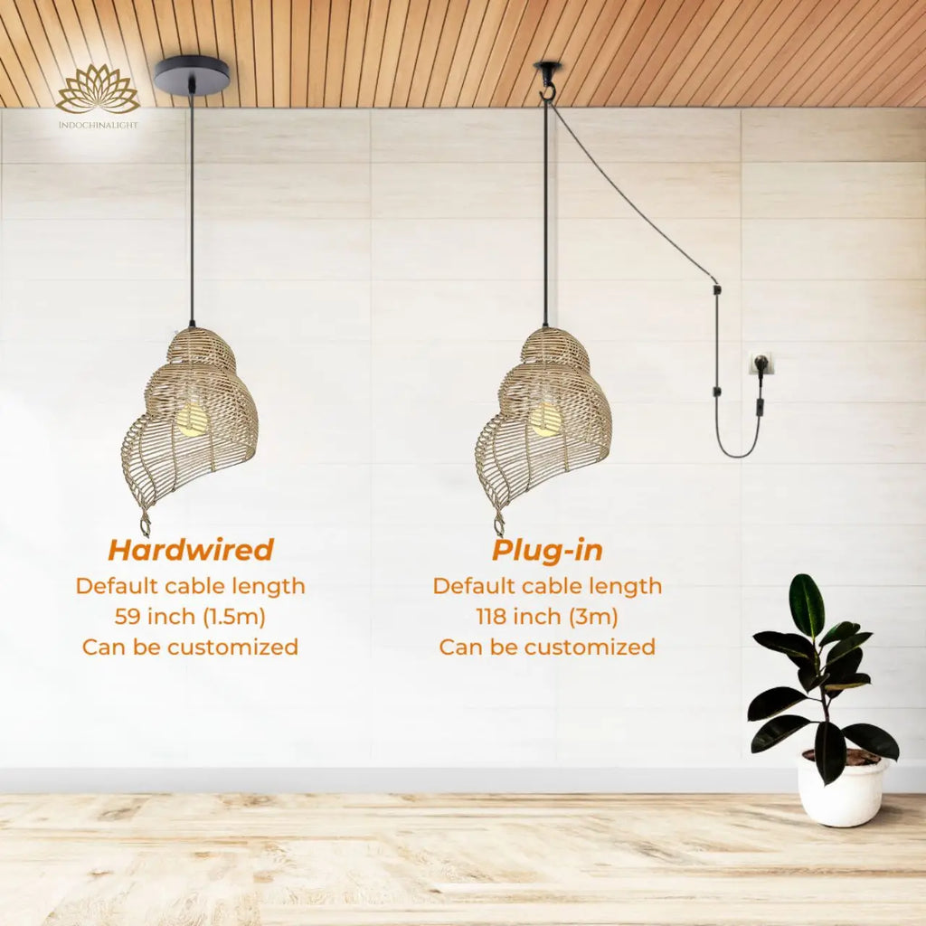 Shell Spiral Black Rattan Pendant Light