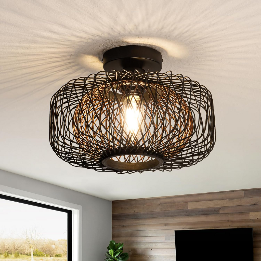 Tbaoinla Black Rattan Ceiling Light 16 Inches