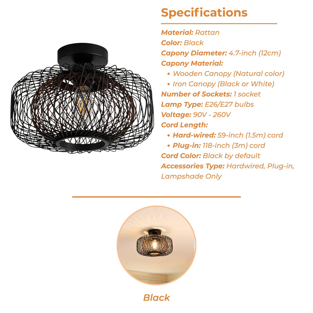 Tbaoinla Black Rattan Ceiling Light 16 Inches