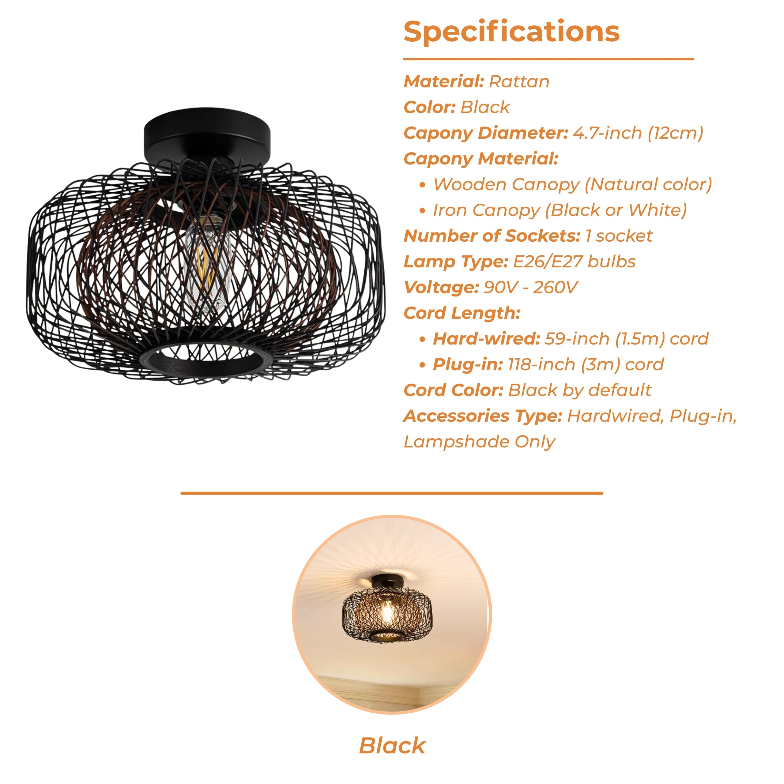 Tbaoinla Black Rattan Ceiling Light 16 Inches