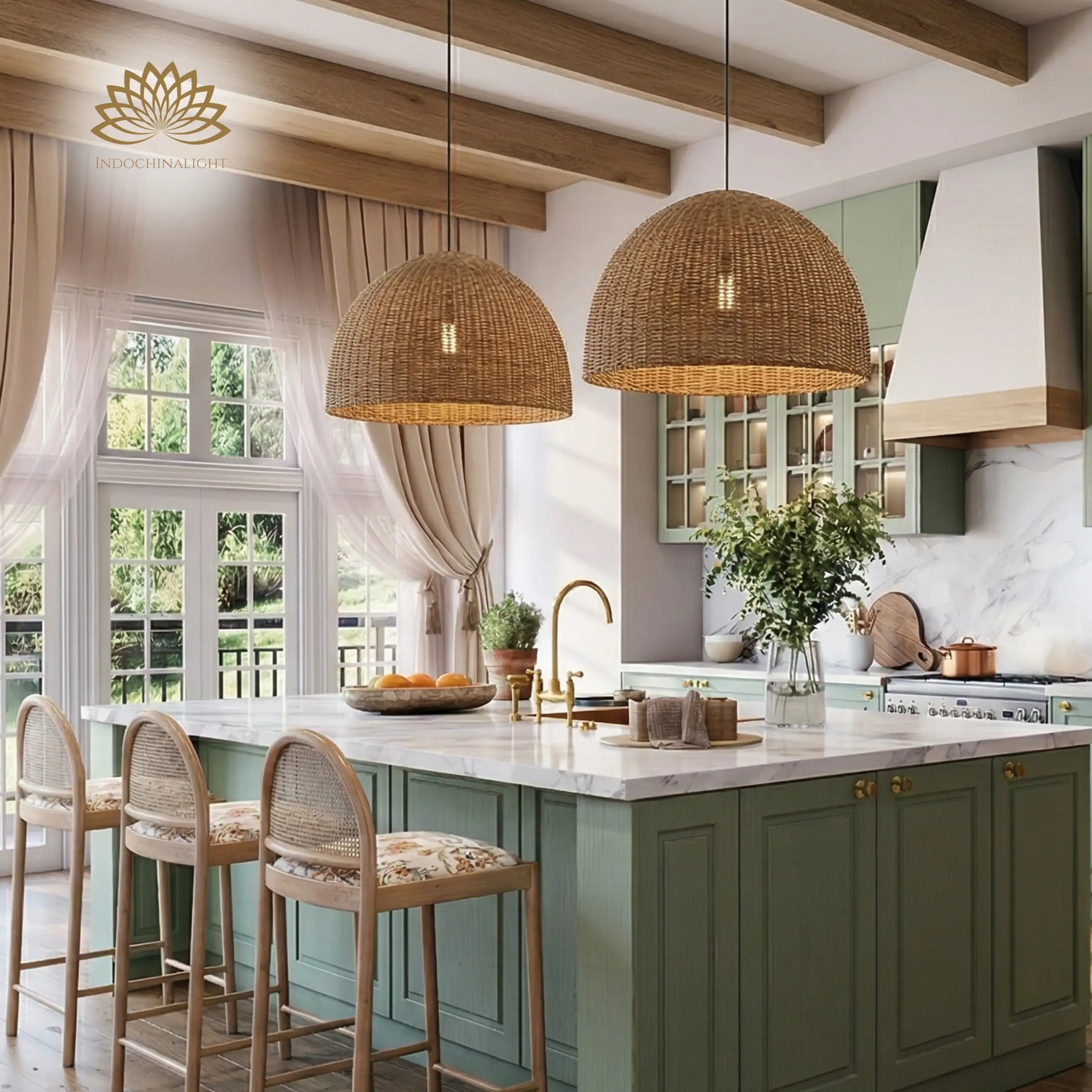 Thaely Dome Wicker Rattan Pendant Light Modern Boho Kitchen Island