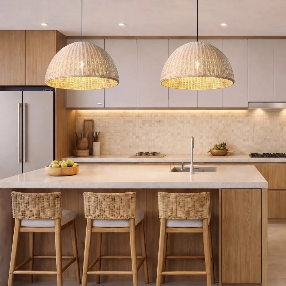 Thaely Dome Wicker Rattan Pendant Light Modern Boho Kitchen Island