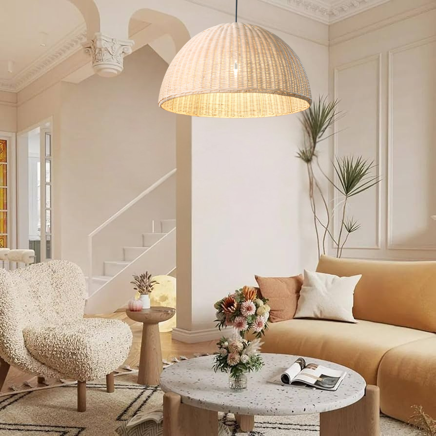 Thaely Dome Wicker Rattan Pendant Light Modern Boho Kitchen Island