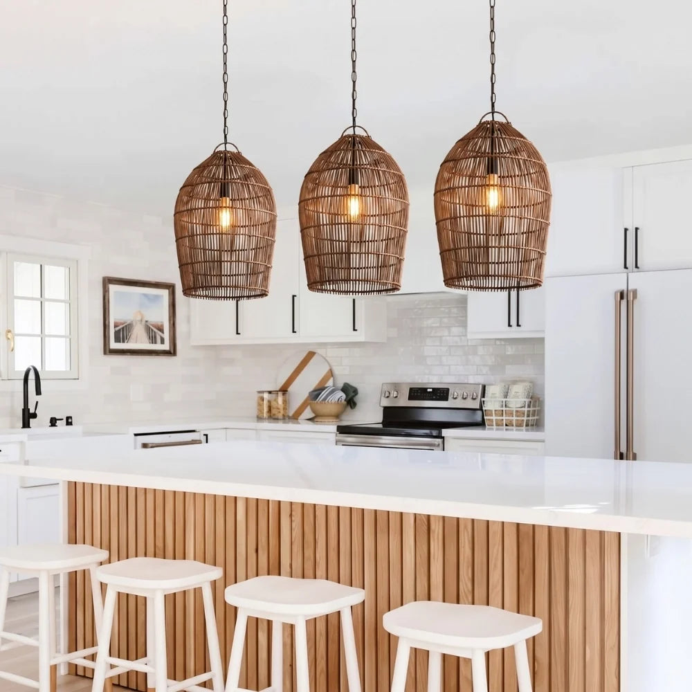 Fish-trap Boho Rustic Rattan Pendant Light For Kitchen Island