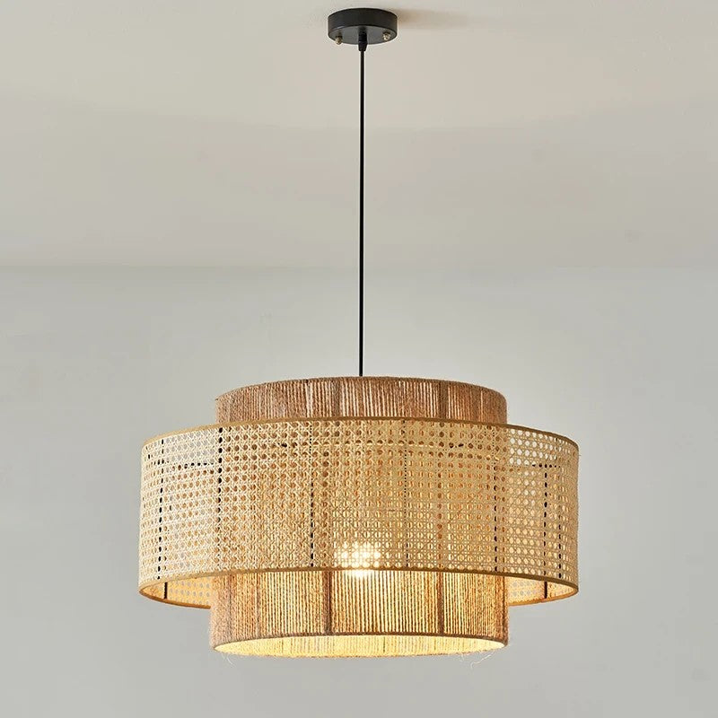 Triela Black and Rattan Drum Pendant Light