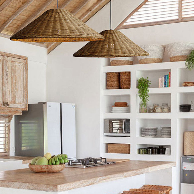 Carter Cone Woven Wicker Rattan Pendant Light