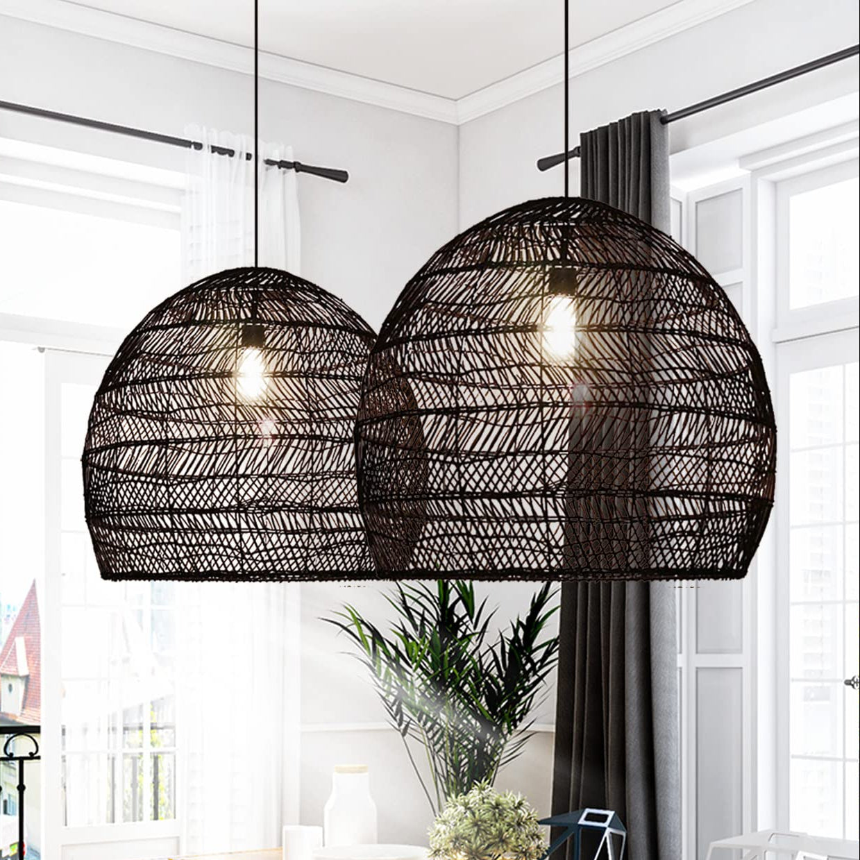 WalmHomie Black Wicker Rattan Pendant Light